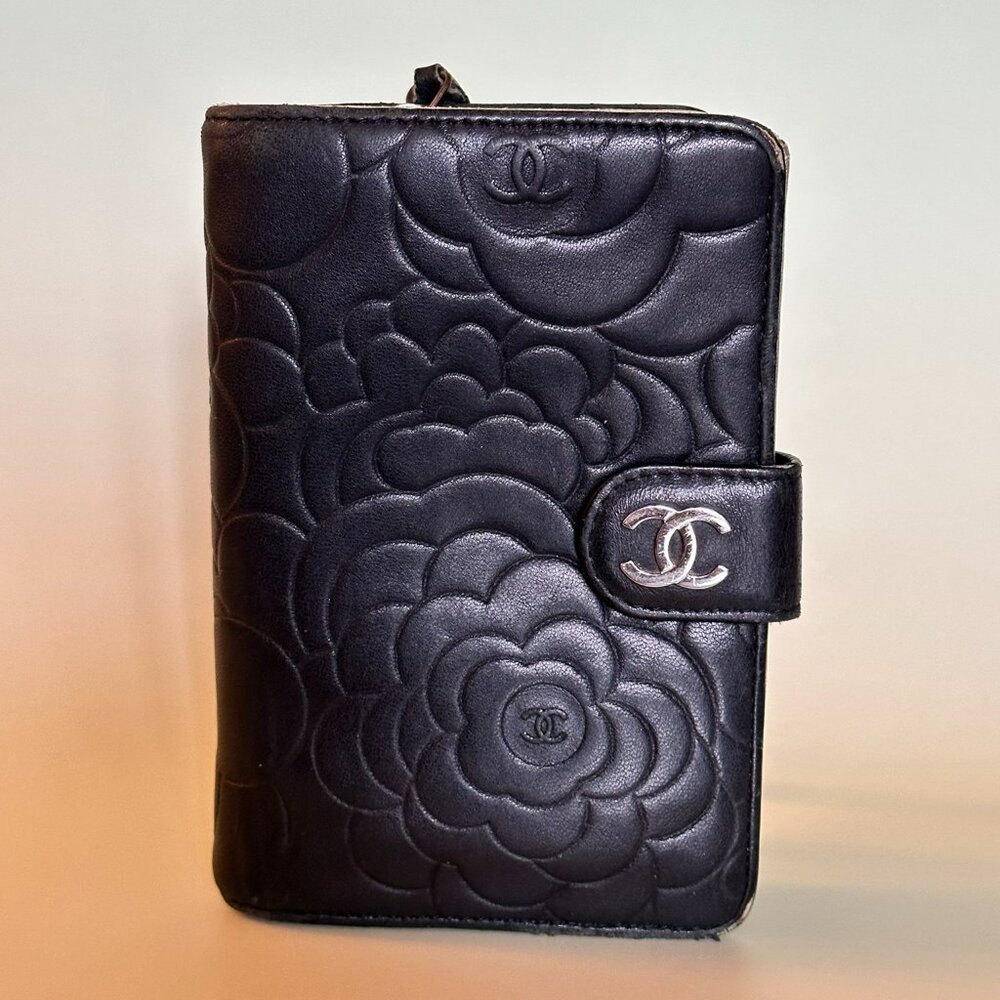 CHANEL Camellia Embossed Floral Zip Wallet